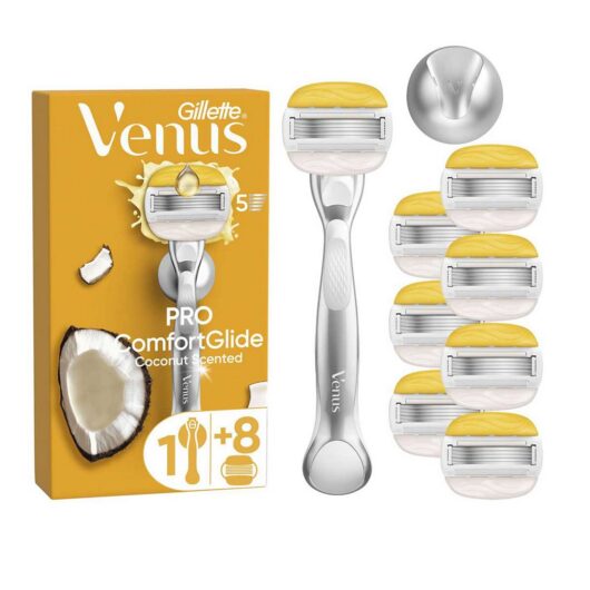 Gillette Venus Razor, Pro Comfortglide Coconut Scented With Olay 5 Blade Women's Razor + 8 Blades Shower Hook