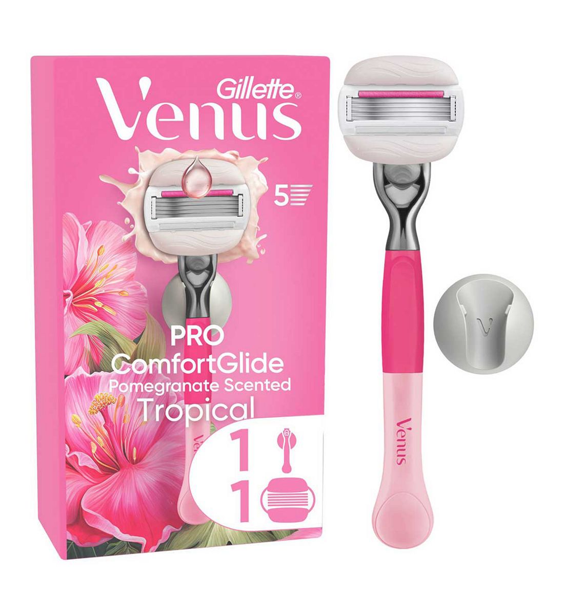 Gillette Venus Razor, Pro Comfortglide Pomegranate Scented Tropical 5 Blade Women's Razor + Shower Hook