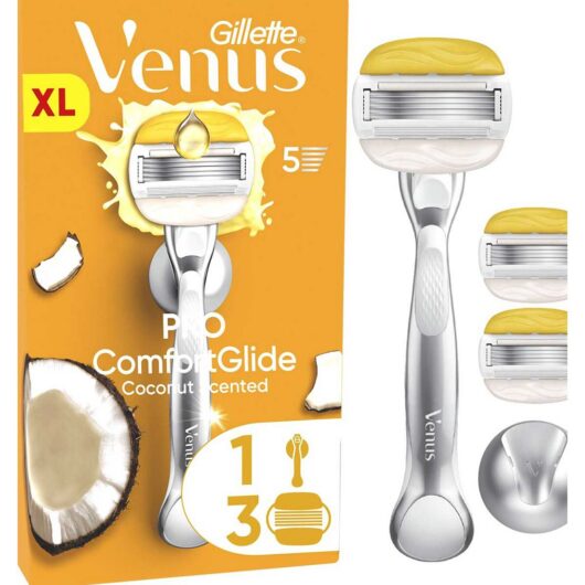 Gillette Venus Starter Kit, Pro Comfortglide Olay Coconut Scented 5 Blade Women's Razor + 3 Blades Refills Shower Hook