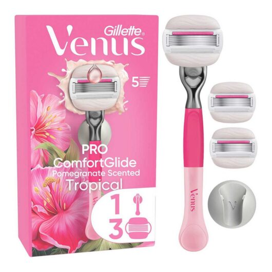 Gillette Venus Starter Kit, Pro Comfortglide Pomegranate Scented Tropical 5 Blade Women's Razor + 3 Blades Refills Shower Hook