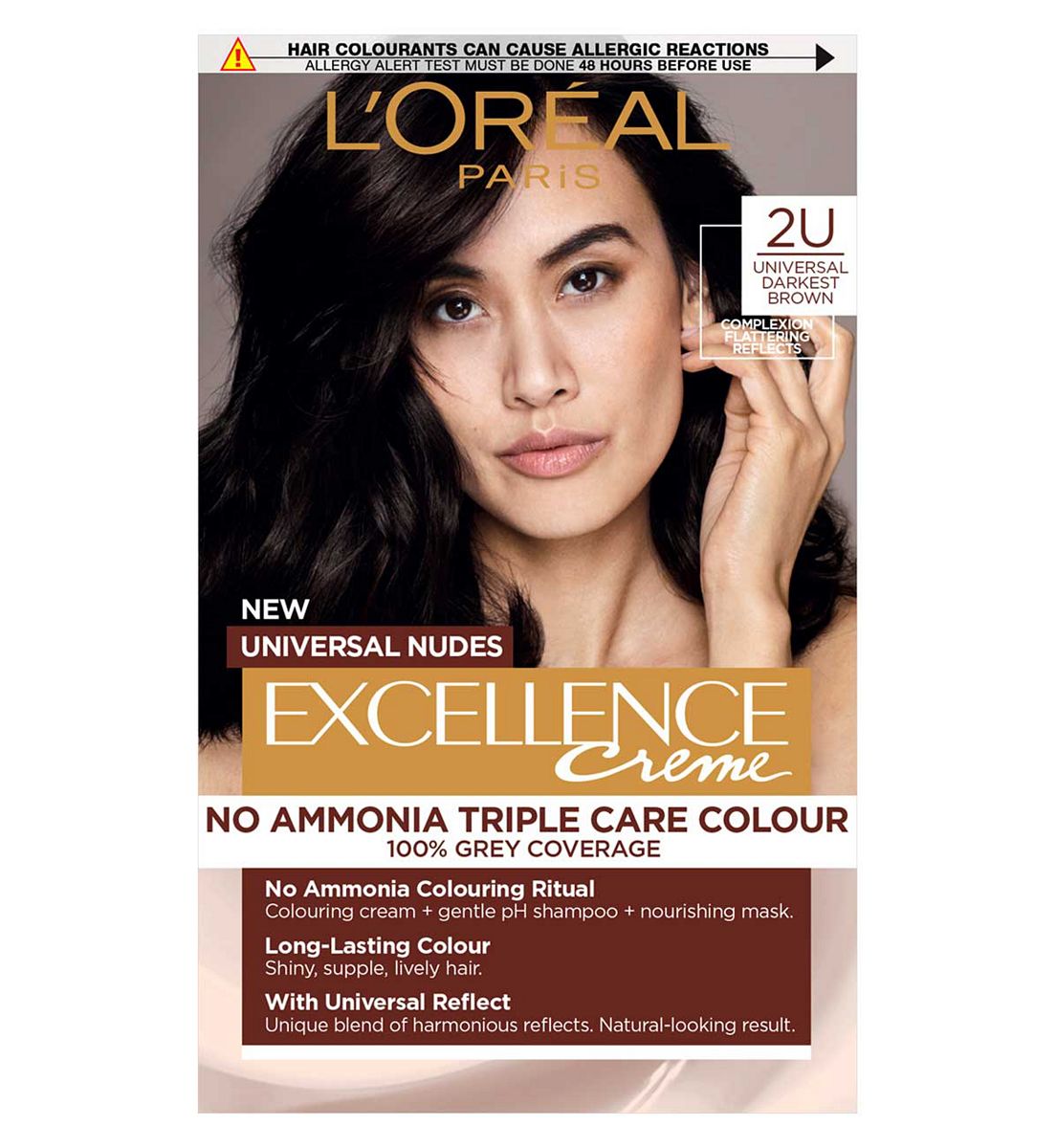 L'Oreal Excellence Nudes 2U Darkest Brown: Flattering Reflect, 100% Grey Coverage, Natural Tone.